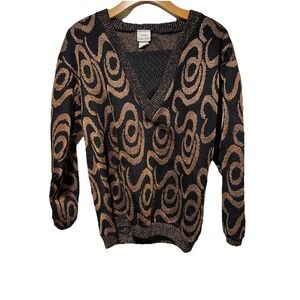 Vintage 80s/90s Metallic Sparkle Gold Black Sweater Sz M Retro Disco Glam Party
